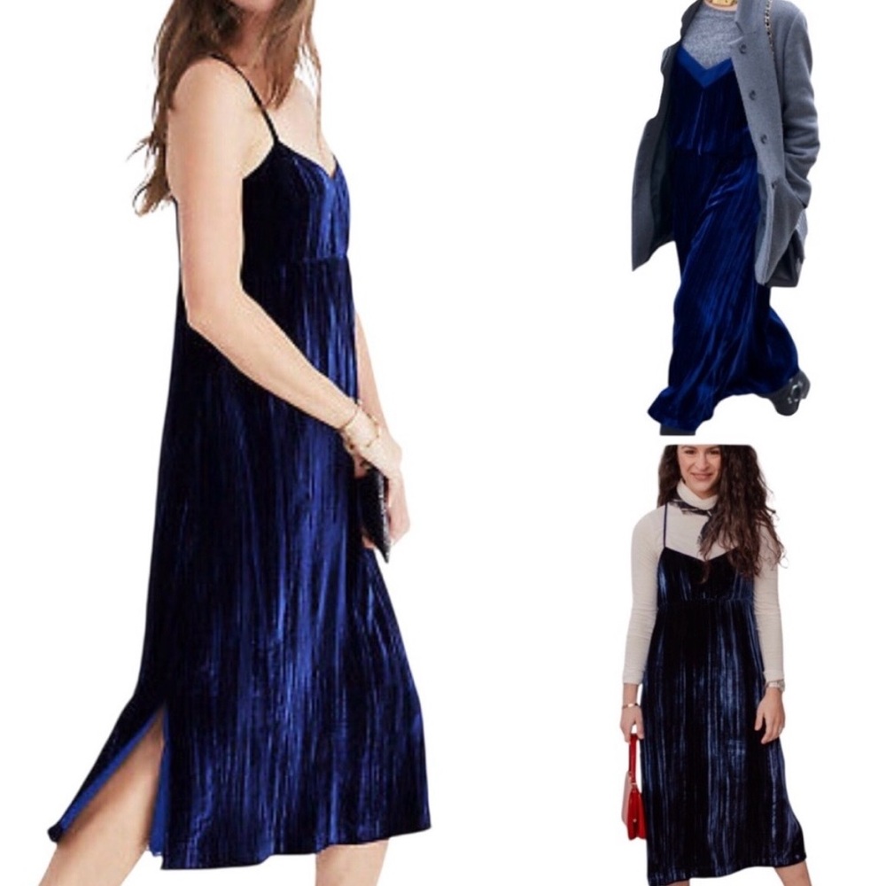 Madewell | NEW Crushed Velvet Slip Dress Navy Blue Midi  XS